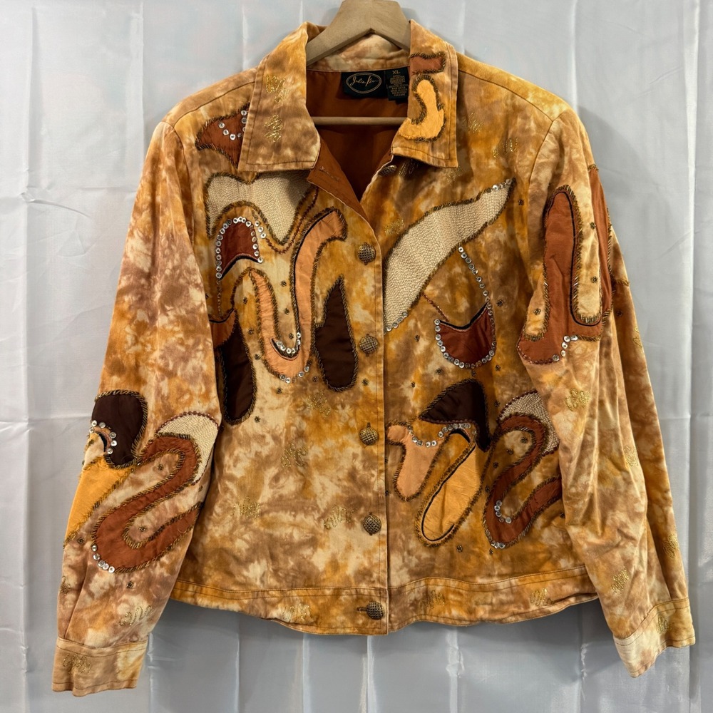 Julia Kin Womens Tie Dye Embellished‎ Denim Jacket Beaded Boho Festival Art XL